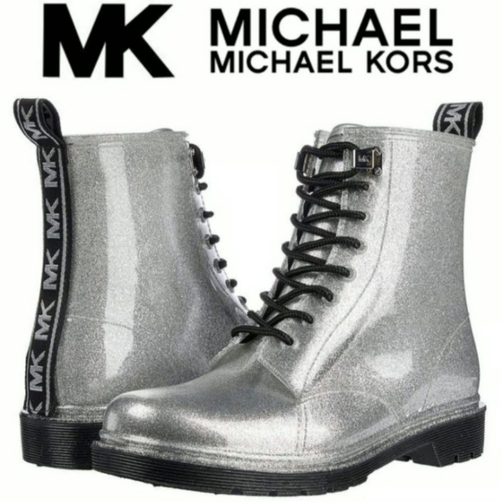 🔥MICHAEL KORS Tavie Silver Logo Tape Lug Sole Lace-Up Rain Booties, Size 10